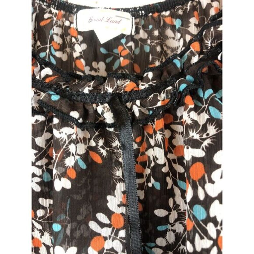 Casual Land‎ Top Women 3x brown floral cap sleeve ruffles/ribbon accents sheer - Picture 3 of 4